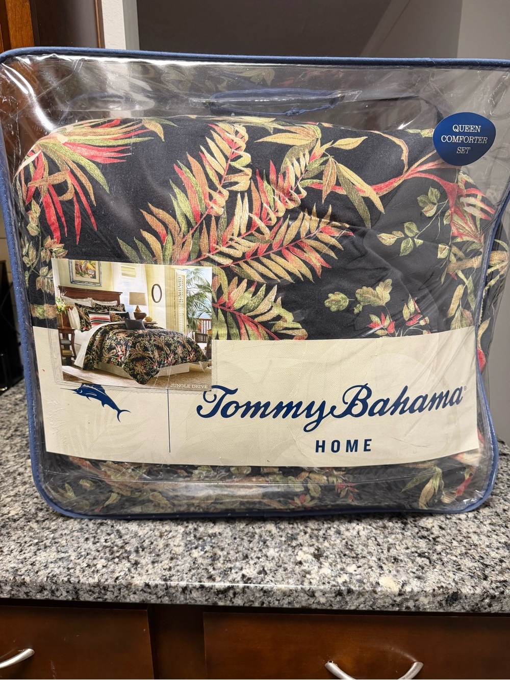Tommy Bahama Black Comforter with Green and Red Tropical Leaves